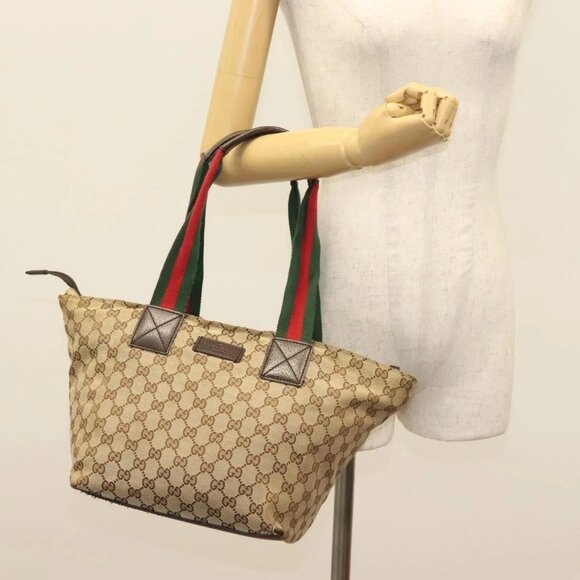GUCCI GG Canvas Web Sherry Line Tote Bag Beige Green Red - Picture 14 of 16